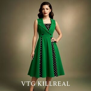 Killreal, Fantastic Emerald Polka-Dot Fit & Flare Cotton Dress EUC Size M